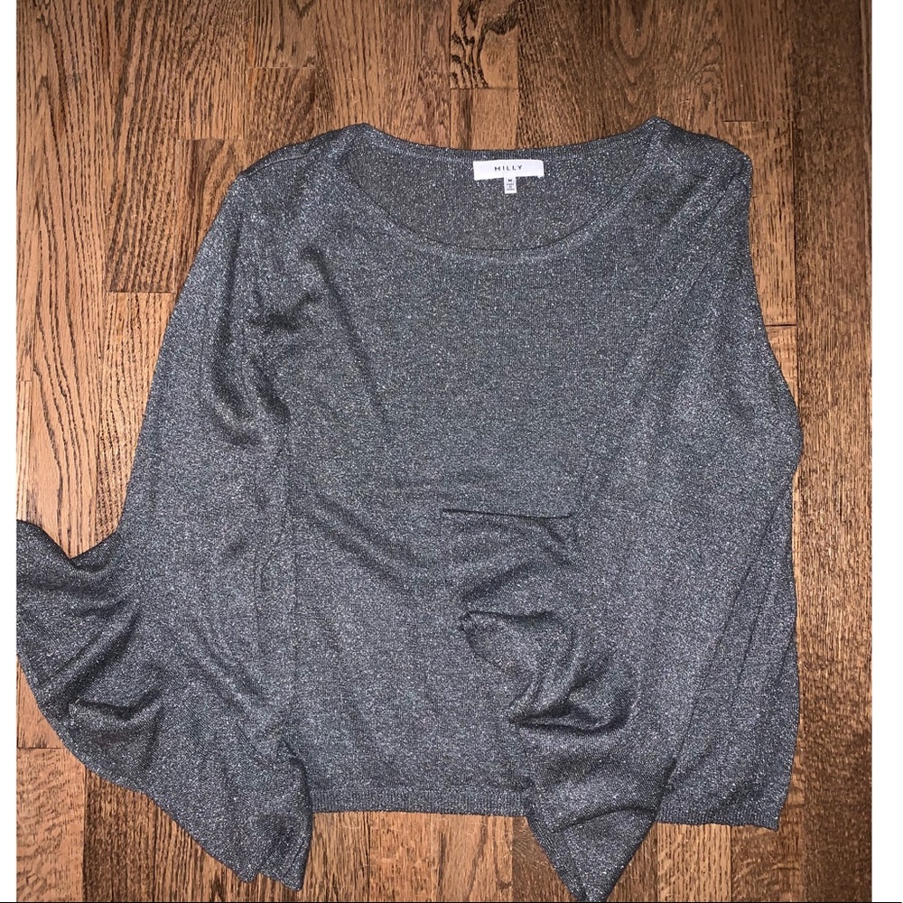 Milly Silver Shimmer Bell Ruffle Sleeve Sweater
